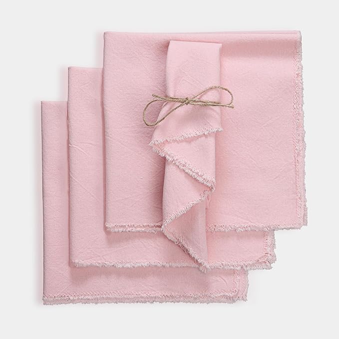 Palisa Premium Cotton Dinner Napkins Set of 4 | Pink Frayed Edge Rustic Farmhouse Table Linen | Soft Washable Long Lasting Durable Cloth Serviettes for Wedding Dining Decor 18x18 Inch