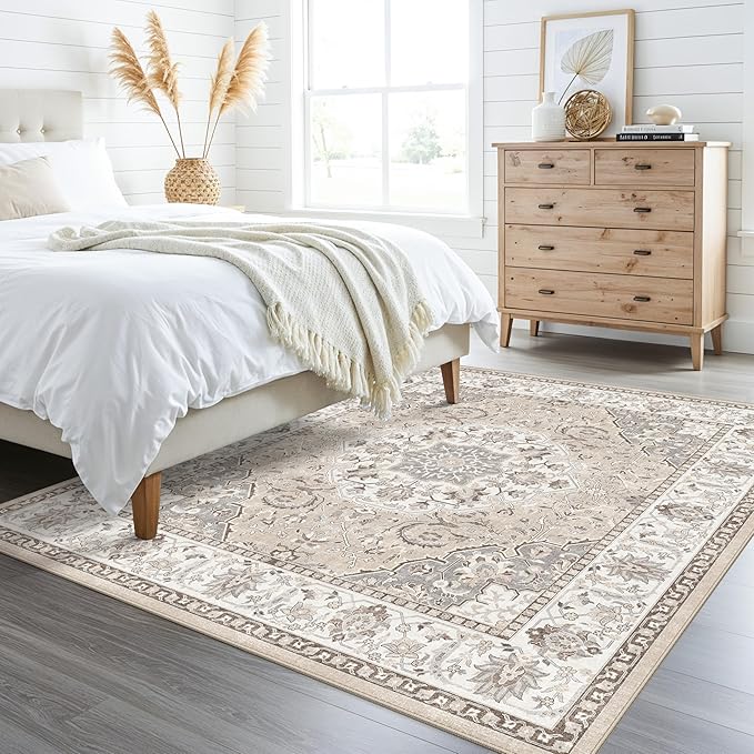 Living Room 8ft Square Area Rug: Machine Washable Large Vintage Soft Rug Stain Resistant Non Slip Floor Carpet for Bedroom Playroom Indoor Farmhouse Home Decor Mat for Office Dining Room(8x8,Beige)