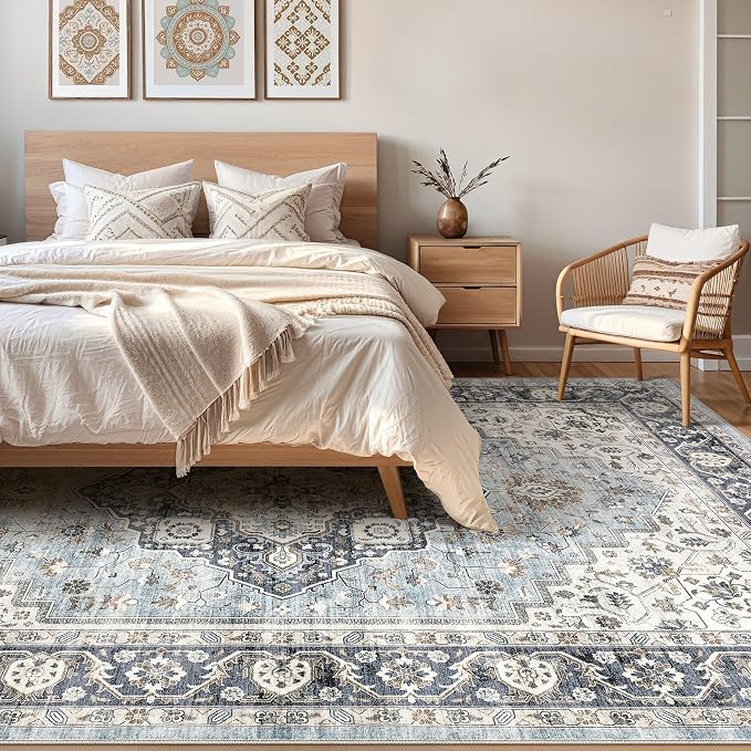 5x8 Area Rugs Living Room: Washable Boho Large Neutral Vintage Soft Rug Stain Resistant Farmhouse Non-Slip Indoor Floor Carpet for Bedroom Nursery Kids Playroom Office Dining Room- Blue Tan