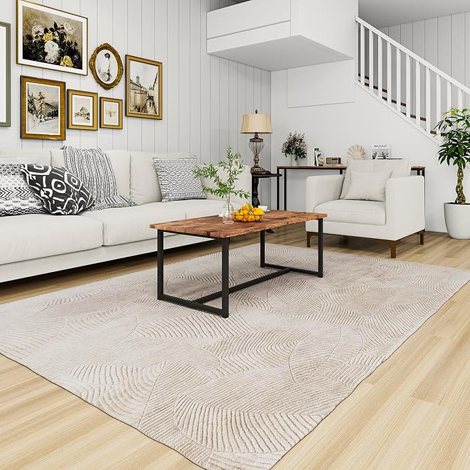 Coffee Table Rectangular Center Table for Living Room Open Space Side Table with Metal Frame, Easy Assembly, Black+ Rustic Brown Wood Coffee Table