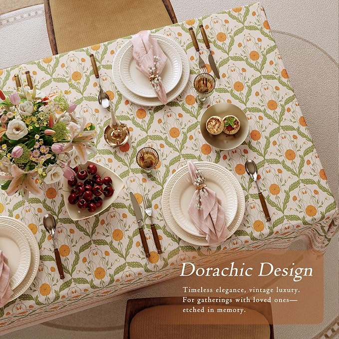 Block Print Thick Linen Tablecloth for Rectangle Tables, Waterproof Wipeable Decorative Table Cover for Dining Kitchen Indoor Outdoor, 67" x 118" 10-12 Seats