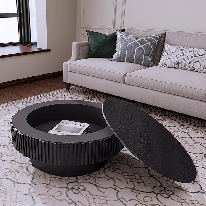 31.5'' Round Coffee Table with Storage, Modern Luxury Circle Drum Center Tables with Solid Wood Veneered, Accent Side Coffee Table for Living Room, Bedroom, Apartment-Black