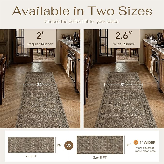 HUGEAR 2'6''x10 Runner Rug Machine Washable Brown Hallway Area Rug Indoor Accent Rug Floral Low Pile Carpet Soft Throw Rug Bedroom Living Room Office Dining Room Kitchen Laundry Room Non Slip