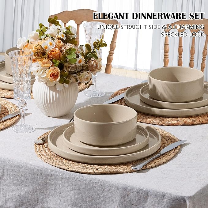 E-far Stoneware Dinnerware Sets, 12-Piece Plates and Bowls Dish Set for 4, Kitchen Modern Dinning Ware, Chip and Scratch Resistant, Microwave & Dishwasher Safe, Speckled Khaki