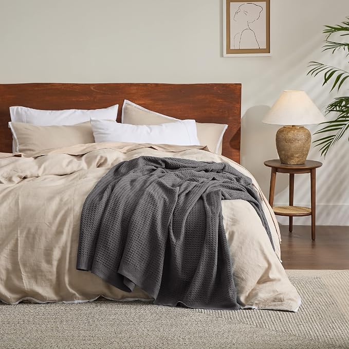 Bedsure 100% Cotton Blanket Full Size for Bed - Breathable and Soft for Summer, Thick Cozy Waffle Weave Blanket Gifts for Women, Dark Grey, 80x90 Inches