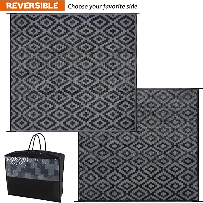 SAND MINE Waterproof Outdoor Rug, Plastic Reversible Rug, Modern Area Rug, Large Floor Mat for Outdoors, RV, Patio, Backyard, Deck, Picnic, Beach, Camping (8' x 8', Black Grey Lattice)