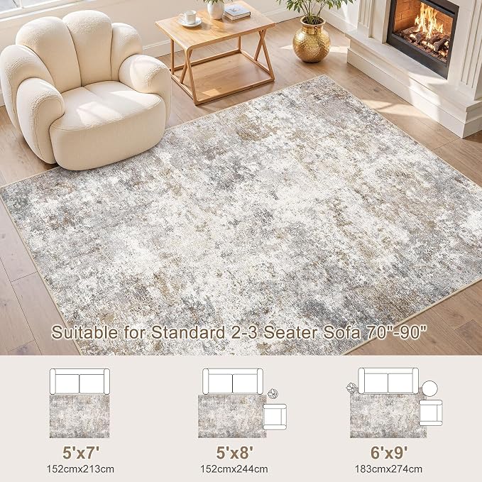 UERMEI 5x7 Area Rug Living Room Rugs - Washable Neutral Modern Abstract Soft Thin Large Rug Indoor Floor No Slip Rug Carpet for Bedroom Under Dining Table Home Office Decor - Brown Grey