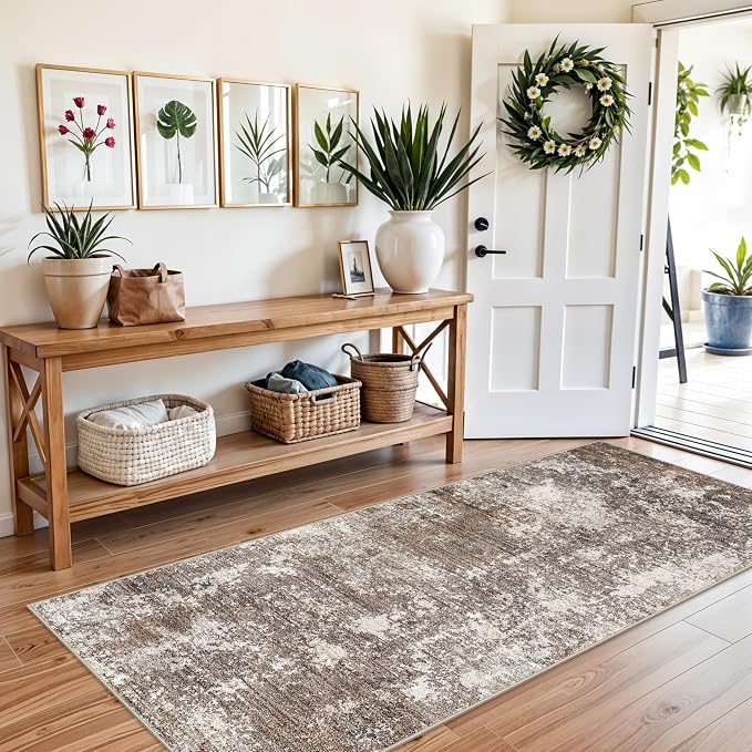 3x7 Kitchen Runner Rug – Washable Non-Slip Modern Abstract Neutral Carpet for Hallway, Entryway, Bedroom, Laundry Room & Bathroom – Low-Pile Thin Stain-Resistant Wide Floor Runner(Brown Beige,3x7)