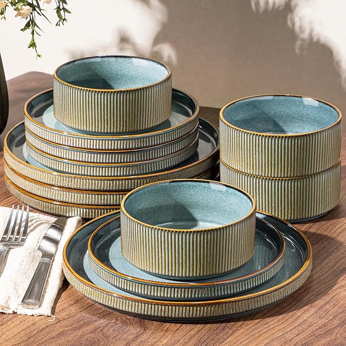 GBHOME 12-Piece Stoneware Dinnerware Set for 4 – Ribbed Ceramic Plates and Bowls, Scratch-Resistant, Microwave & Dishwasher Safe, Reactive Glaze, Reactive Glaze Teal