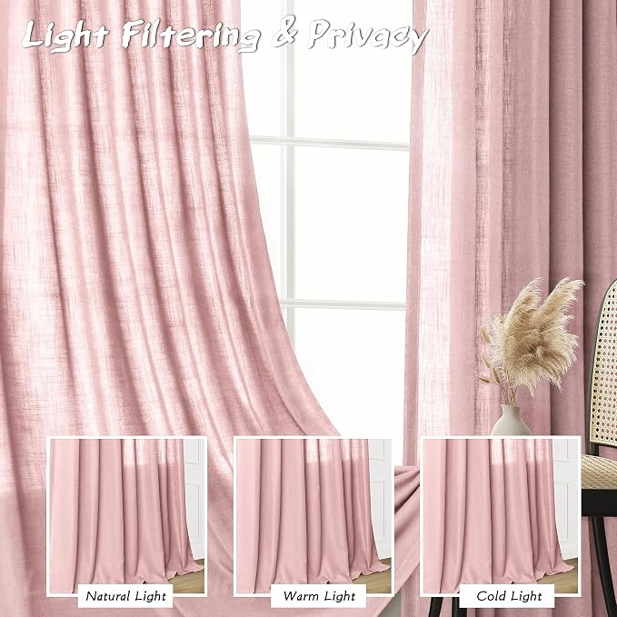 Joywell Pink Linen Curtains 84 Inches Length Light Filtering Cute Pink Bailey Blush Rod Pocket Back Tab Hook Belt Clip Rings Semi Sheer Window Drapes for Girls Bedroom Nursery 2 Panels 52x84