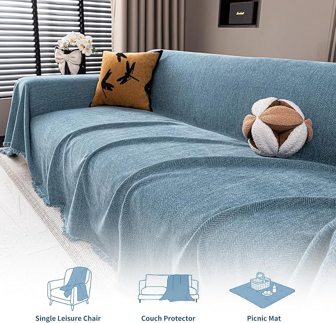 Chenille Couch Cover for Sofa Non Slip Cover Washable Pet Scratch Couch Covers Tassel Sofa Slipcover for 3 Cushion Couch Furniture Protector Blanket for Living Room,Stone Blue 91"x150"