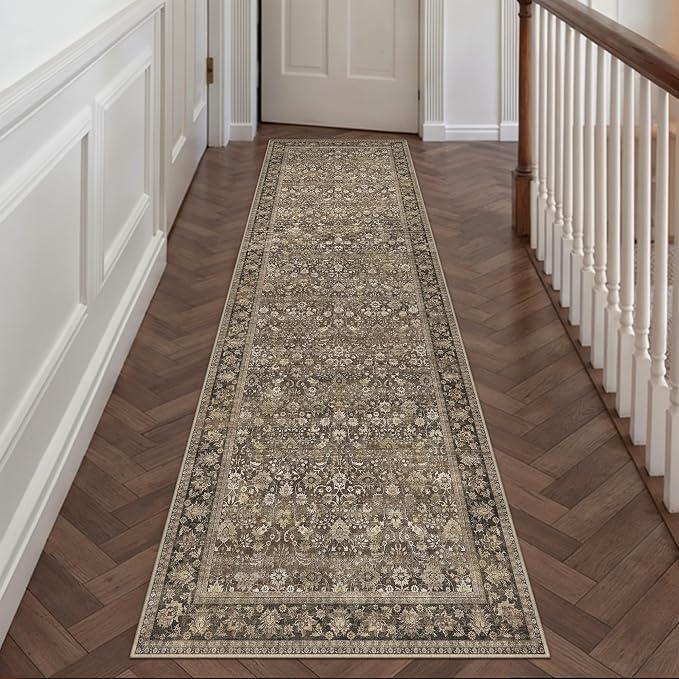 HUGEAR 2'6''x12 Runner Rug Machine Washable Brown Hallway Area Rug Indoor Accent Rug Floral Low Pile Carpet Soft Throw Rug Bedroom Living Room Office Dining Room Kitchen Laundry Room Non Slip