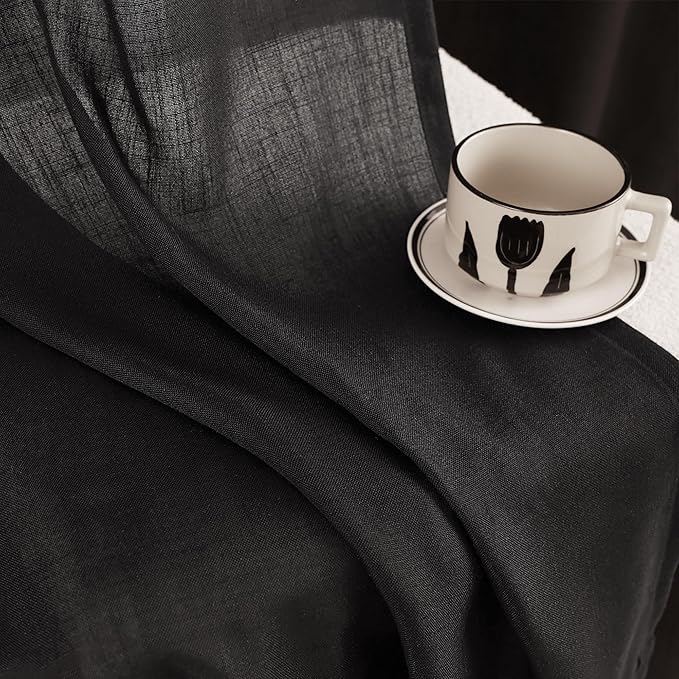 Black Linen Curtains 108 inches Long for Bedroom Back Tab Light Filtering Privacy Semi Sheer Black Curtains Living Room Boho Rustic Farmhouse Cotton Textured Gauze Curtain 2 Panel Set