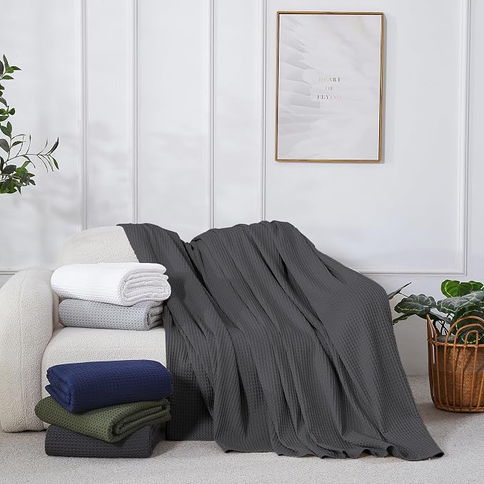 100% Egyptian Cotton Waffle Weave Throw Blanket for Couch, 320 GSM - Breathable and Soft for Spring Summer, Lightweight All Season Throw Blanket for Sofa, Office (50x60 Inches, Dark Grey)