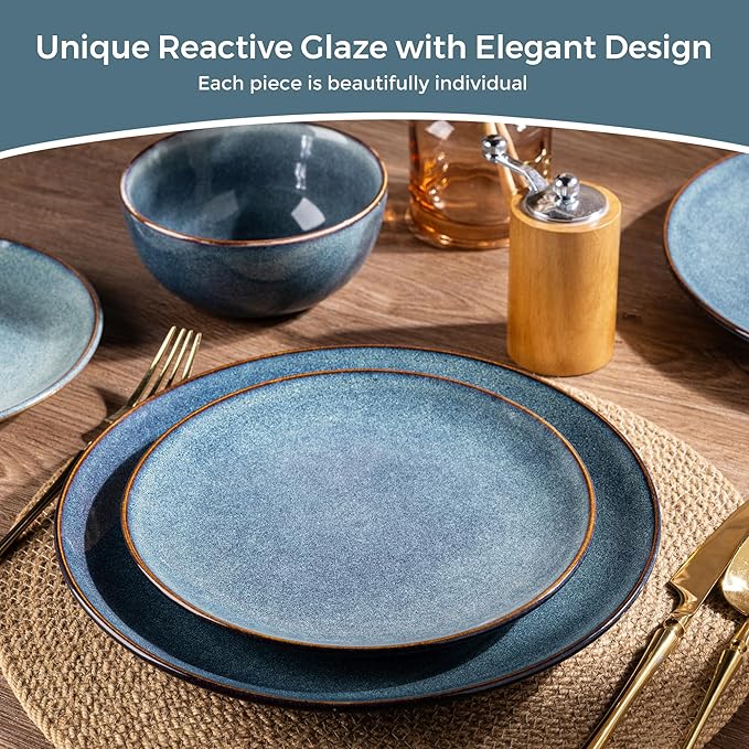 AmorArc Ceramic Dinnerware Sets for 6, 18 Pieces Handpainted Plates and Bowls Set, Scratch Resistant Stoneware Dishes Set, Dishwasher & Microwave Safe, Ceylon Blue