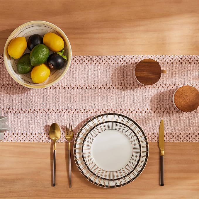 ZeeMart Macrame Style Boho Table Runner, Pink Table Runners 36 Inches Long, Farmhouse Woven Home Decor, 12x36 Inch, Light Pink