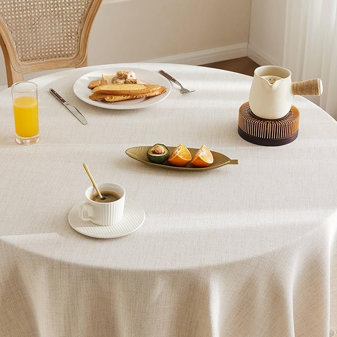 Linen Tablecloth with Tassels, Farmhouse Style Light Beige Tablecloth, Water Resistant Burlap Tablecloths for Round Table, 60 Inch Round Light Tan