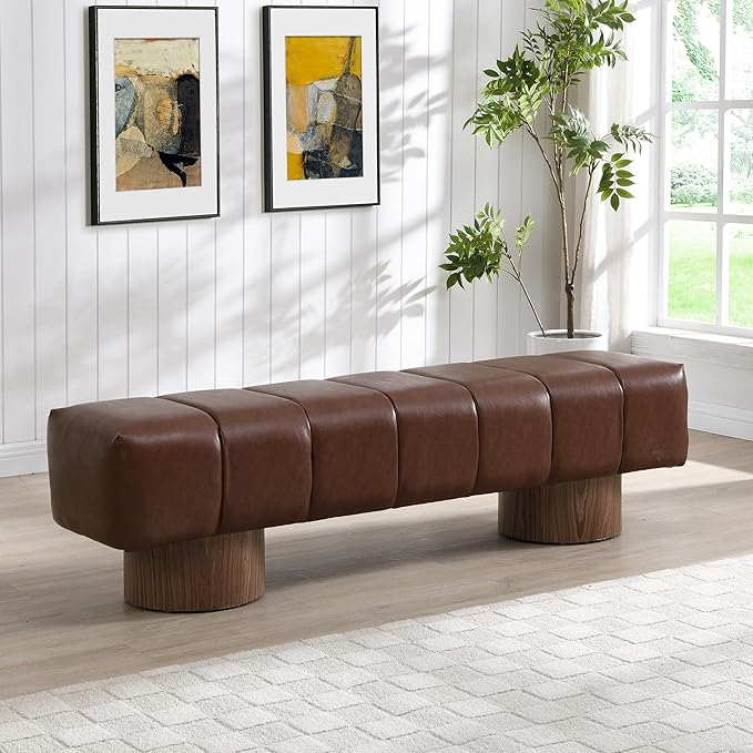 Christopher Knight Home Manila 64" Faux Leather Dining Bench, Upholstery Ottoman Bench, Rectangular Dining Seat, 2 Seater Allow, Long Footstool for Living Room Dining Room, No Assembly Needed, Brown