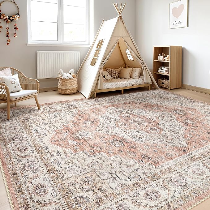 6x8 Area Rug Living Room: Washable Boho Large Neutral Vintage Soft Rug Stain Resistant Farmhouse Non-Slip Indoor Floor Retro Carpet for Bedroom Nursery Kids Office Dining Room- Pink Brown