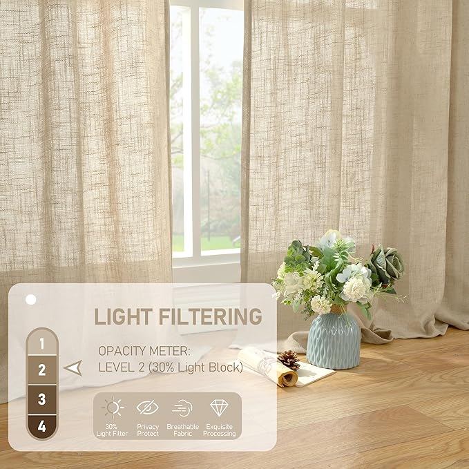 LAMIT Brown Linen Curtains for Bedroom, 72 Inch Length Light Filtering Semi Sheer Panels Back Tab and Rod Pocket Neutral Drapes for Living Room, 2 Panels, 34 x 72 Inch