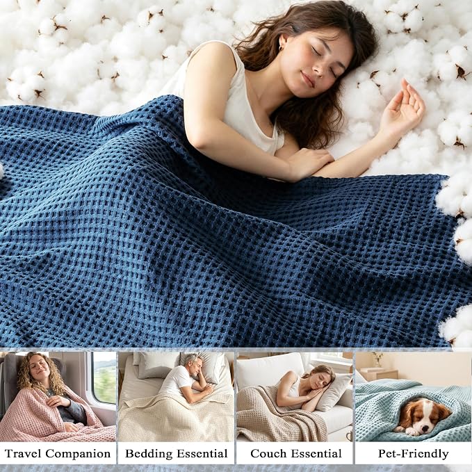 Exclusivo Mezcla Pre-Washed 100% Cotton Waffle Blanket Full Size for Bed, 330GSM Lightweight Breathable Summer Blankets, Soft and Cozy, Home Decor, Navy Blue, 80x90 Inches