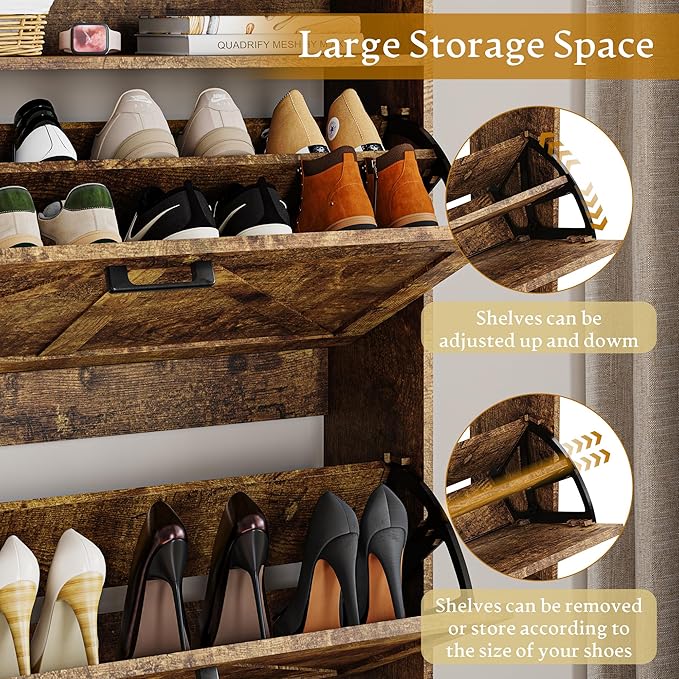 Wodeer Shoe Storage Cabinet with 2 Flip Drawers, Narrow Wood Shoe Cabinet Storage for Entryway with Metal Legs & Hooks, Adjustable Shelves, Freestanding Shoe Rack Organizer for Foyer, Hallway, Brown