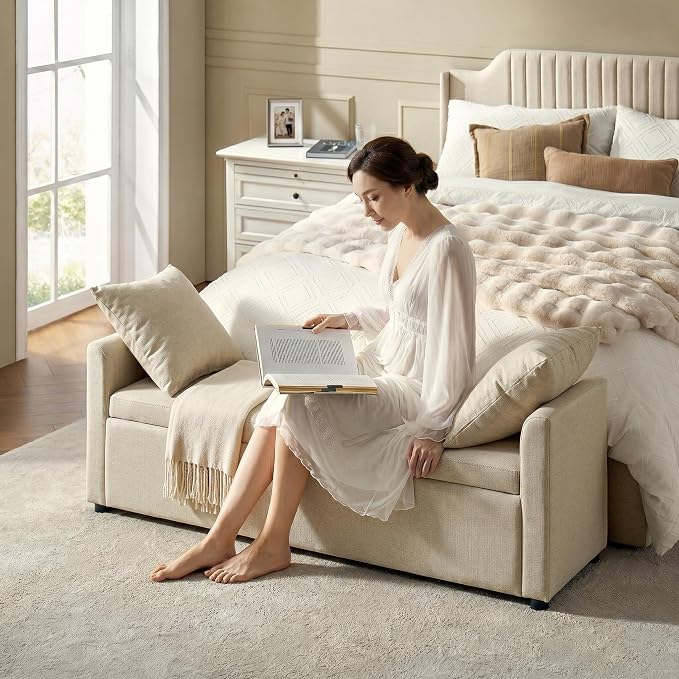 HULALA HOME 59" Storage Bench with 2 Throw Pillows, Modern Long Bedroom Bench for End of Bed, Comfy Upholstered Footstool for Entryway Living Room, Beige
