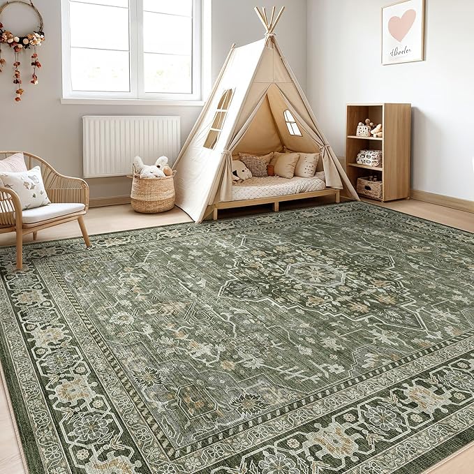 7x10 Area Rug Living Room: Washable Boho Large Neutral Vintage Soft Rugs Stain Resistant Farmhouse Non Slip Indoor Floor Carpet for Bedroom Nursery Kids Playroom Office Dining Room Home- Dark Green