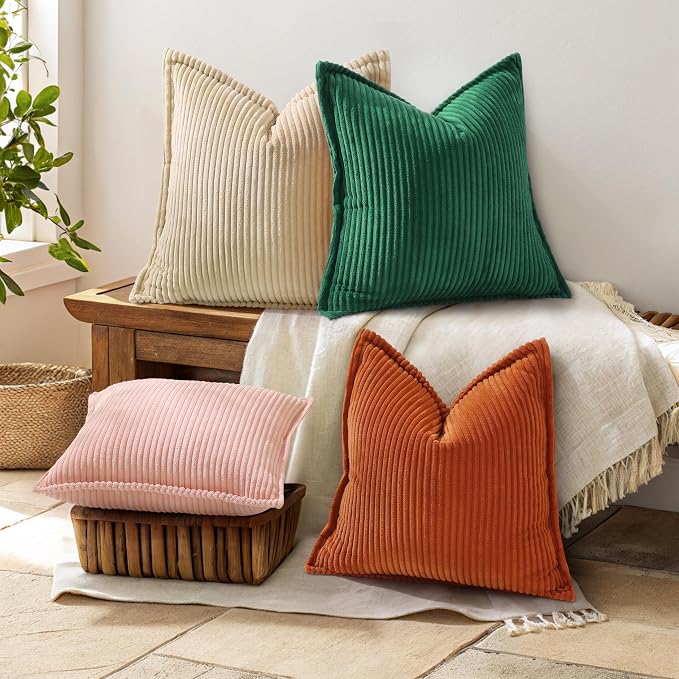 decorUhome Summer Corduroy Green Throw Pillow Covers 12x20 Set of 2 Decorative Soft Boho Farmhouse Lumbar Couch Pillow Covers for Living Room Bed Sofa Broadside Striped Pillow Cases