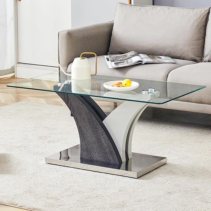 39'' Glass Coffee Table for Living Room,Rectangle Clear Center Table,Modern Glass Sofa Coffee Table with Tempered Glass Top and MDF Thickened Base