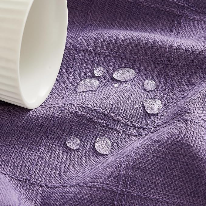 ZeeMart Linen Checked Table Cloth 52 Inches Round, Farmhouse Style Plaid Embroidered Water Resistant Table Cover, Purple