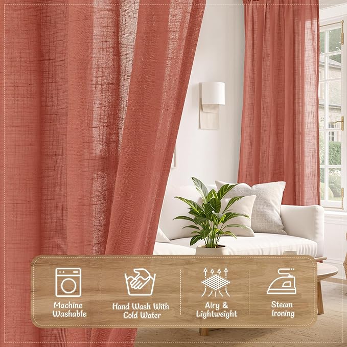 LAMIT 90 Inch Long Sheer Linen Curtains 2 Panels for Living Room, Light Filtering Rustic Boho Panels Back Tab and Rod Pocket Fall Decor Drapes for Bedroom/Farmhouse, Terracotta, 52 x 90 Inch
