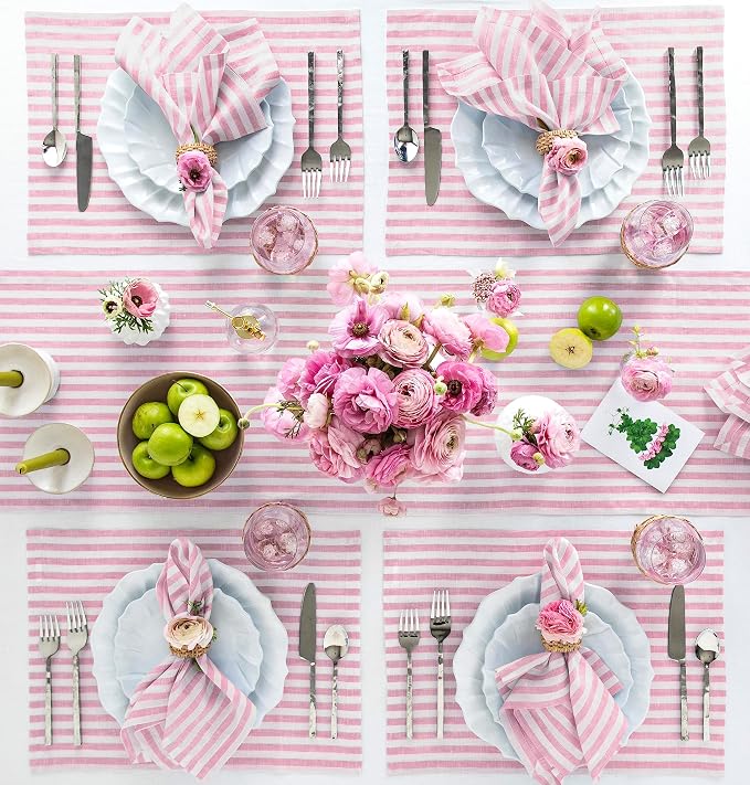 Solino Home Linen Table Runner 120 Inches Long - Amalfi Stripe, 100% Pure Linen Cherry Blossom and White Table Runner 14 x 120 Inch for Dining, Summer