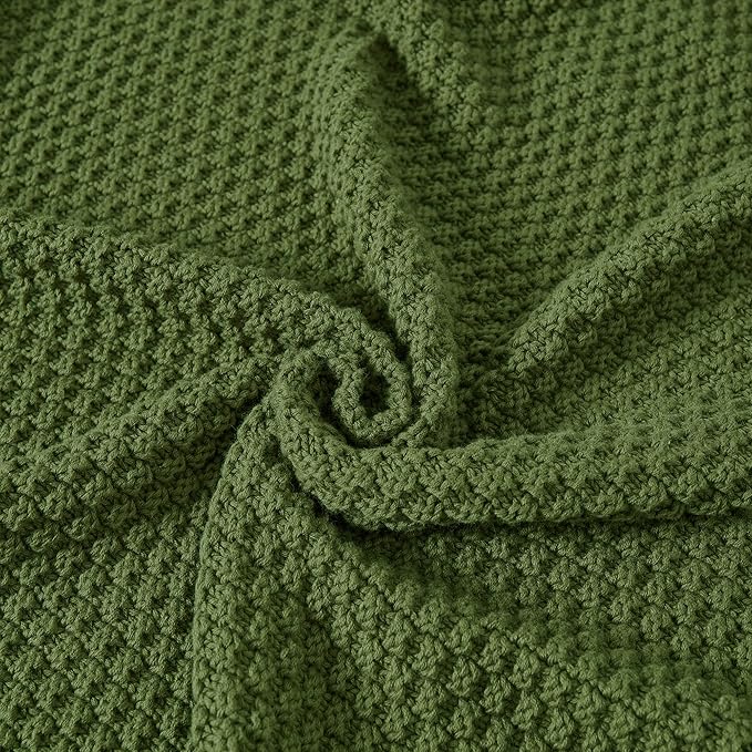 Longhui bedding 100% Cotton Knitted Throw Blanket – Olive Green, Soft & Cozy, Machine Washable, 51"x63" – Perfect for Living Room, Couch, Sofa, Bed or Travel