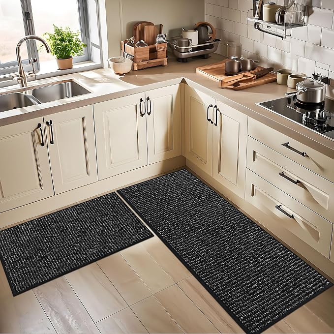 BEQHAUSE Kitchen Rugs and Mats 2PCS, Non-Slip Kitchen Mats for Floor, Absorbent and Stain Resistant Kitchen Runner, Machine Washable Rugs for Kitchen, Laundry & Sink, 20"x32"+20"x48", Black
