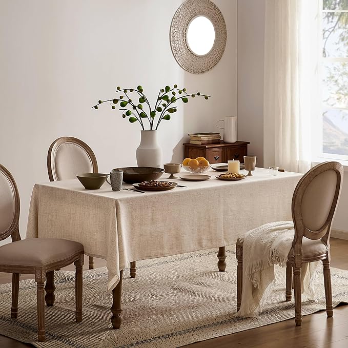 Linen Tablecloth for Rectangle Table, Natural 60x120 Inch (Fit 7ft–8ft, Narrow Fit 9ft Rectangle Table) Farmhouse Neutral Tablecloth, Water Resistant Dining Tablecloths