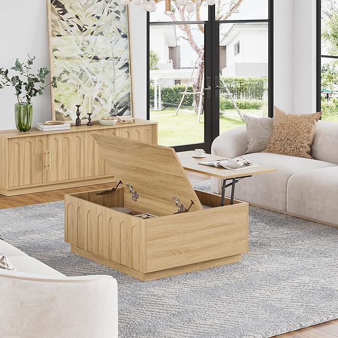 FORTUNETEC Lift Top Coffee Table with Storage, Modern Coffee Table with Arched Design, 31.5" Square Tea Table with Wood Grain, Boho Multifunctional Center Table for Living Room, Office, Oak