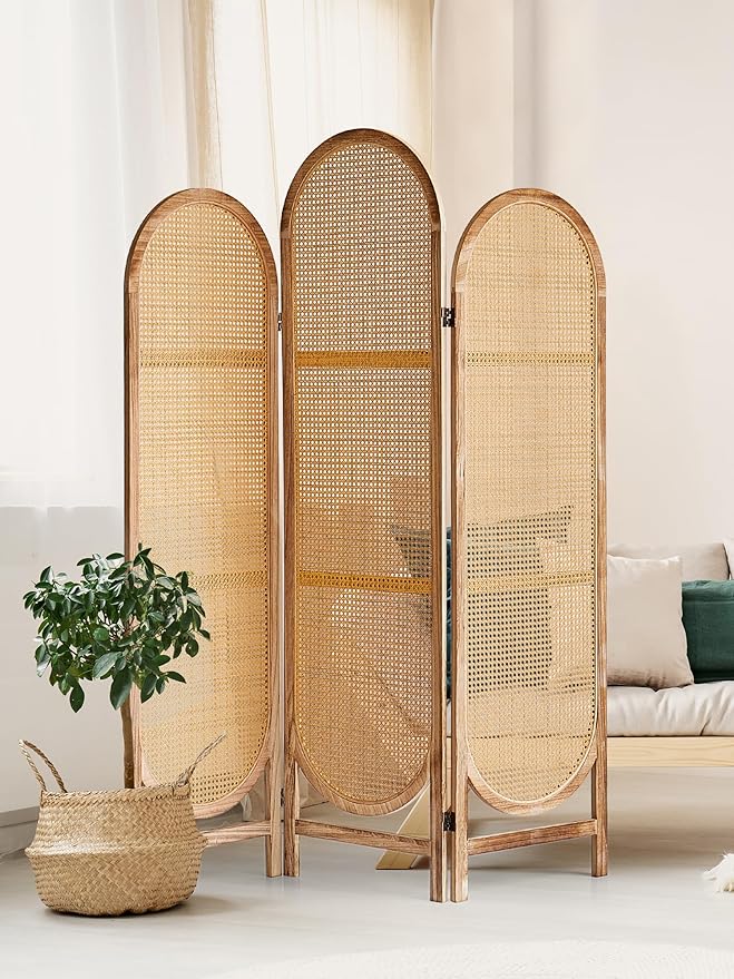 3 Panel Room Dividers and Folding Privacy Screens, Wooden Room Divider with Bi-Directional Hinge, Pre-Assembled Hand-Made Rattan Privacy Dividers for Balcony, Bedroom, Hotel Decorations