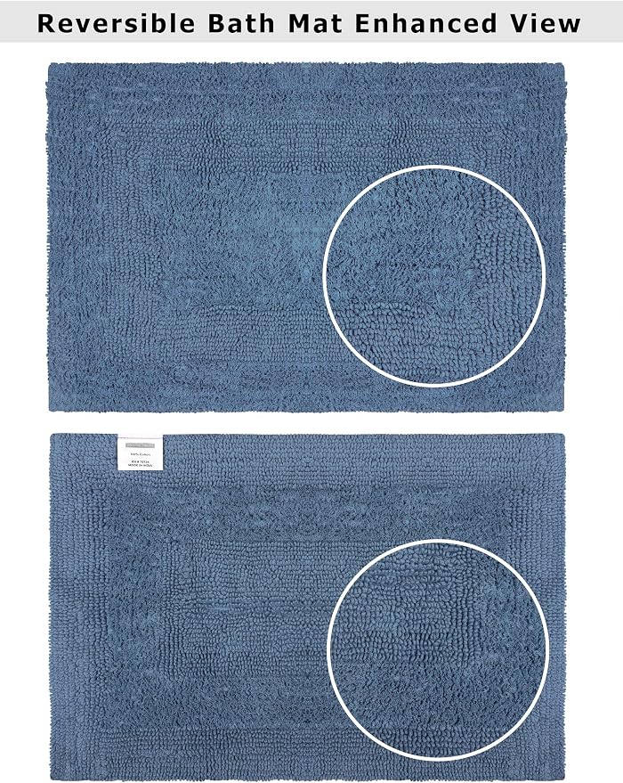 COTTON CRAFT Luxurious Bath Mat Rug - Set of 2 Reversible Heavyweight Step Out Bath Mats for Bathroom Floor, Tub and Shower - Pure Cotton Soft Plush Absorbent Tufted Racetrack Mat - 17x24 - Azure Blue