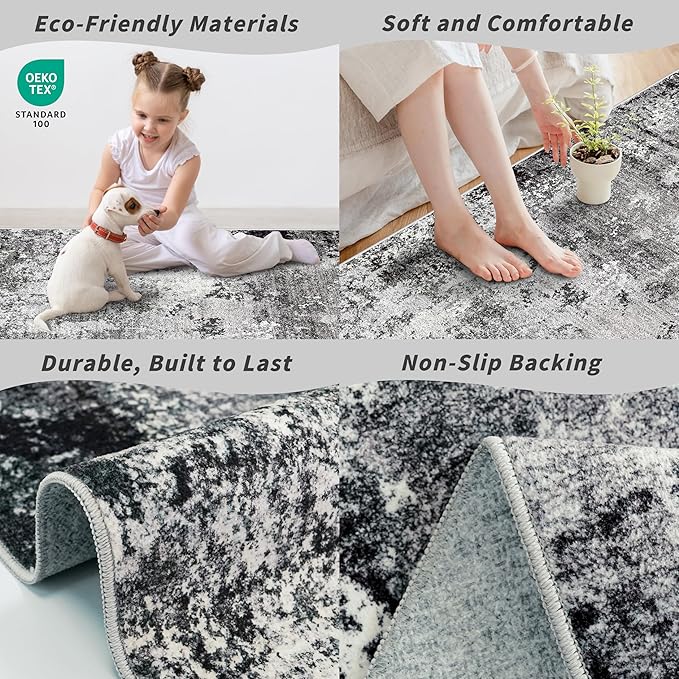 2x6ft Washable Kitchen Runner Rug – Non-Slip Low-Pile Floor Carpet Runner for Indoor Hallway, Bedroom, Bedside & Entryway, Modern Abstract Neutral (Black Grey,2x6)