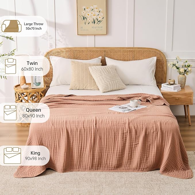 VANJOROY 9-Layer Muslin Throw Blanket Queen 90" x 90" Coffee, 100% Cotton Organic Breathable Lightweight Large Throw for Couch Bed Quilt and Bedspread - All Season Muslin Soft Gauze Blanket