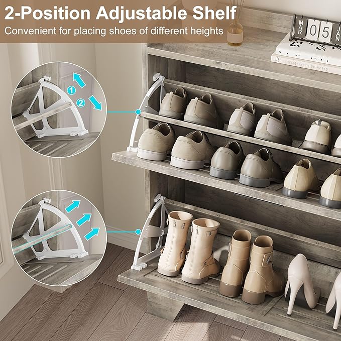 Garvee Shoe Storage Cabinet with 2 Flip Drawers, Freestanding Shoe Organizer Storage for Entryway with 2 Side Hooks, Farmhouse Hidden Slim Narrow Shoe Rack Cabinet, Gray