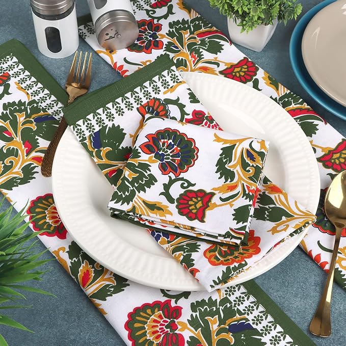 Cloth Napkins Set of 12 Cotton Linen Printed Dinner Napkin Perfect for Parties Weddings Cocktail 20x20 Every Day Use Reusable Washable Good Absorbency (Green Floral Print, Napkins (Pack of 12))