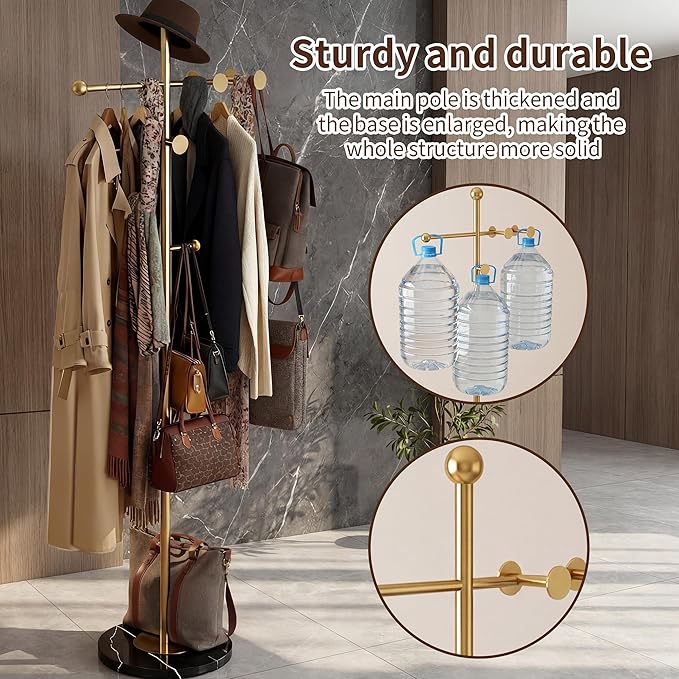 68.9 Inch Tall Modern Coat Rack,Gold Coat Tree Freestanding,Heavy-Duty Metal Coat Rack Freestanding with Sturdy Marble Base for Entryway,Hallway,Bedroom,Holds Coats Hats Bags Scarves