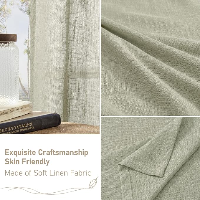LAMIT Sage Grey Linen Curtains 45 inches Long for Bedroom, Soft Linen Textured Light Filtering Semi Sheer Panels with Bronze Grommet for Living Room, 2 Panels Set, 52 x 45 Inch