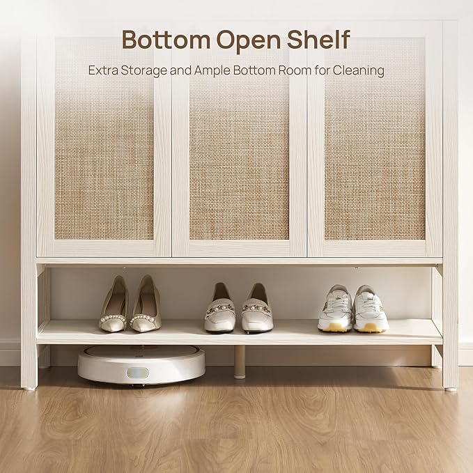 SICOTAS Rattan Shoe Cabinet with Storage - 2 Pieces Large Boho Shoe Organizer with 3 Doors & Adjustable Shelves, Tall Farmhouse Shoe Rack Cabinet for Entryway, Hallway, Living Room (White)