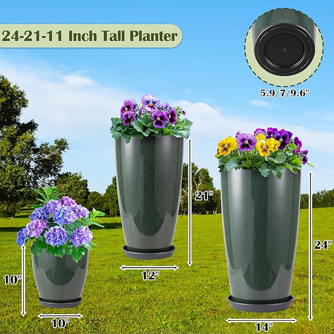 24-21-11 Inch Tall Planters Set of 3, Indoor Outdoor Green Glossy Round Planter with Drainage Hole and Saucer, Large Decorative Plant Pots for Home Garden Porch (Green)