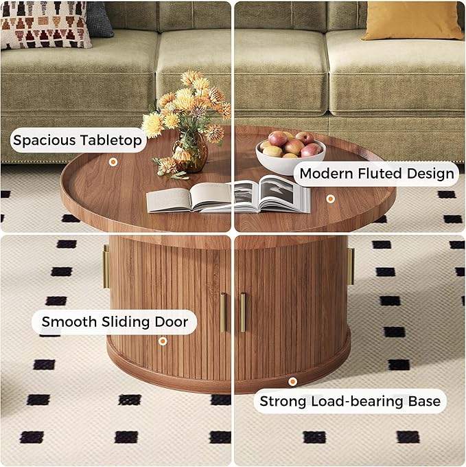 IRONCK Coffee Table, 31.5" Round Coffee Table with Storage & Sliding Tambour Door, Fluted Center Table for Living Room, Small Space, Mid Century Modern, Walnut