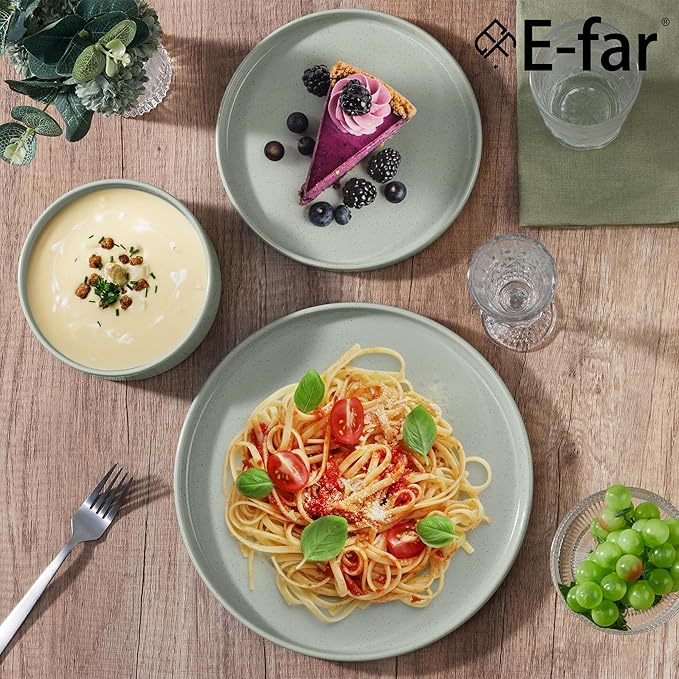 E-far 6-Piece Stoneware Dinnerware Sets, Plates and Bowls Set for 2, Kitchen Modern Dishes Set for Everyday & Formal, Chip and Scratch Resistant, Microwave & Dishwasher Safe, Speckled Green