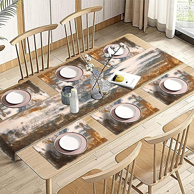 Rust Table Runner and Place Mats Set of 6 Abstract Blue and Brown Metal Steel Iron Rusty Stain Linen Dining Mat Sets Washable Vintage Splash Messy for Home Table Decorations 70 Inches Long